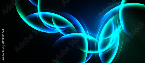 Abstract swirls, vibrant blues, greens illuminate dark background. Flowing lines create dynamic energy, modern aesthetic.