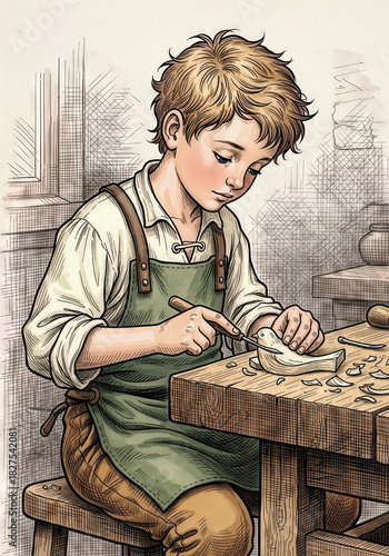 Wallpaper Mural Boy Carving Wooden Bird at Workbench Illustration Torontodigital.ca