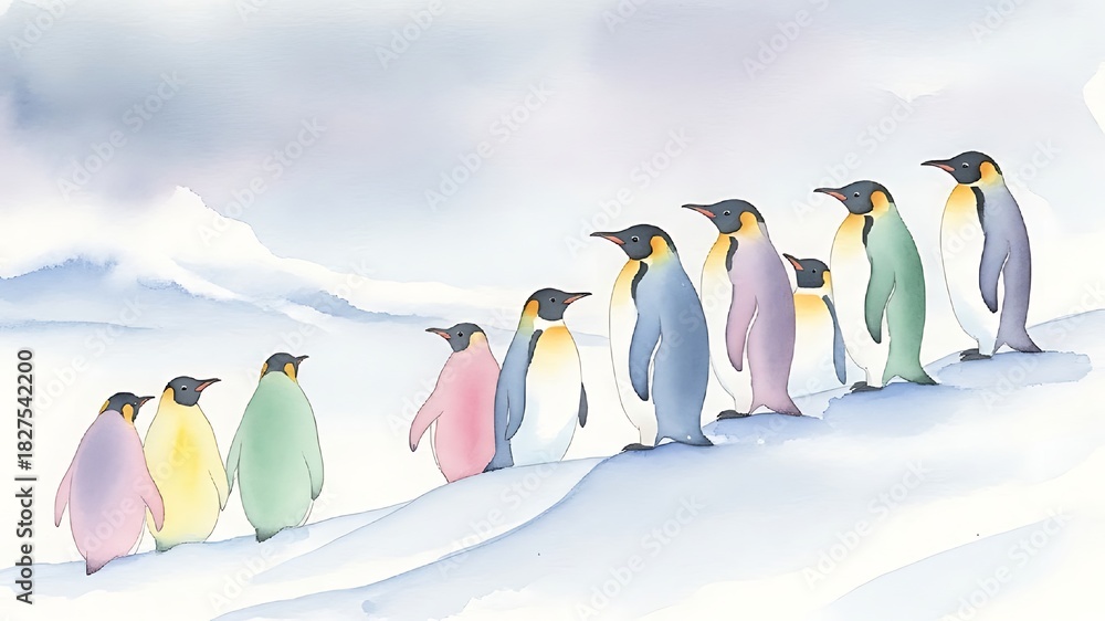 Obraz premium A line of colorful penguins
