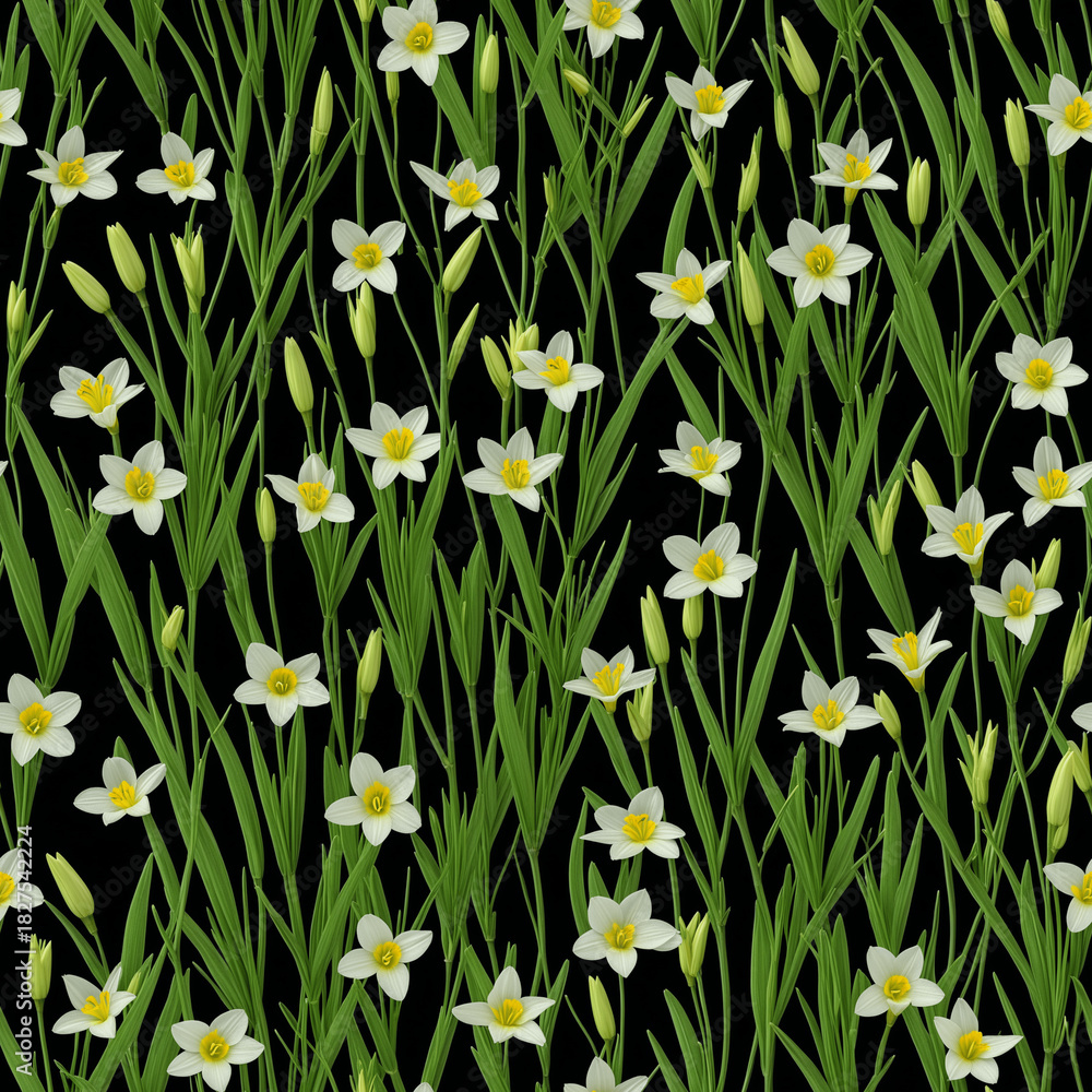 Fototapeta premium Seamless daffodil flower pattern with yellow centers and white petals on green stems, dark background floral surface - AI generated