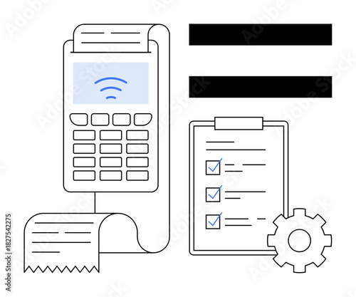Payment terminal with receipt, task checklist with checkmarks, and gear symbolizing organization, productivity, and business operations. Ideal for finance, retail, workflow, accounting management