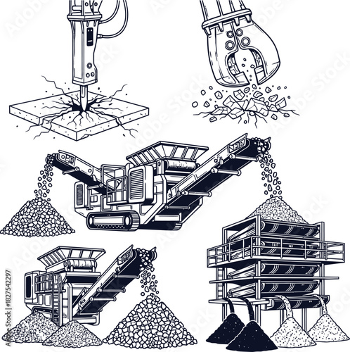 Construction demolition and crushing machinery with piles of rubble equipment
