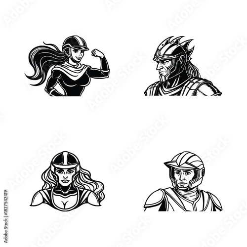 A set of strong riders wearing helmet isolated on white background