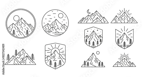 Set of mountain landscape line art for logo design