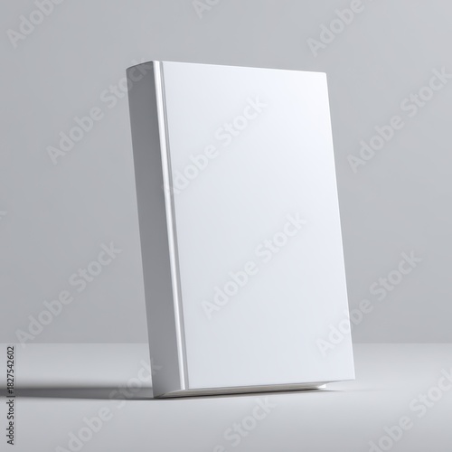 Minimalist White Book Leaning, Soft Lighting, Isolated on Grey Background, Clean Design.