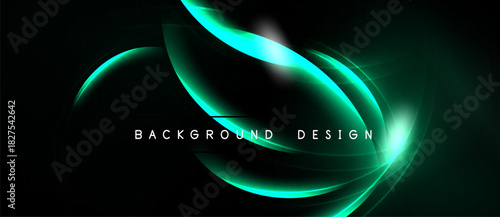 Abstract design features glowing turquoise lines over black background. Modern, dynamic composition evokes energy, movement. Simple text reads background design.