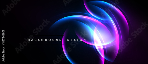 Abstract neon swirls, vibrant blue, purple hues. Dark background emphasizes glowing curves, modern design element.
