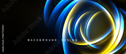 Abstract design features vibrant blue, gold swirls. Dark background emphasizes luminous curves, creating dynamic visual impact. Modern aesthetic.