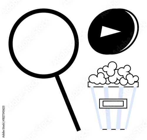 Magnifying glass signifies search, play button suggests media content, and popcorn symbolizes entertainment. Ideal for media exploration, streaming, content curation, leisure, digital discovery