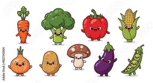 Cartoon vegetables and mushroom with smiling faces
