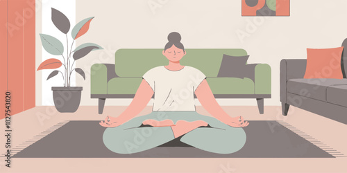 Young businesswoman doing yoga exercise near her laptop at the office table