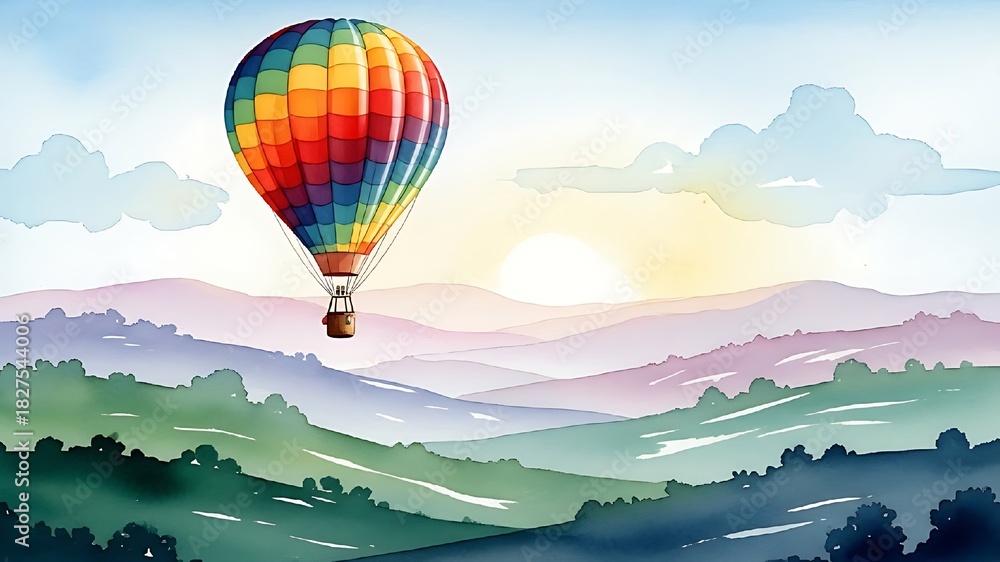 Fototapeta premium Rainbow hot air balloon over rolling hills