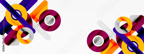 Abstract geometric shapes, vibrant colors, dynamic composition. Overlapping circles, rectangles create modern design. Clean lines, bold contrasts present visual interest.