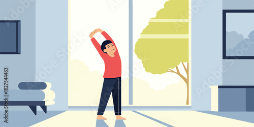 Flat vector illustration of a character stretching in the morning near a window with soft sunlight.