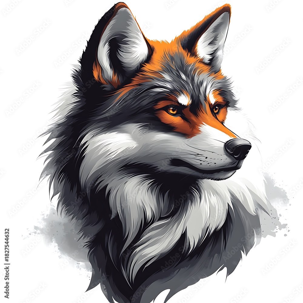 Naklejka premium Fierce Wolf Head With Orange Accents And Smoky Texture On photo White animal portrait