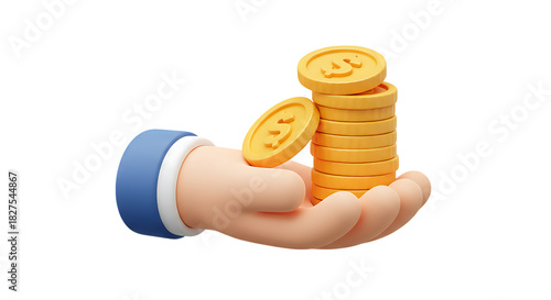 3d icon of 3d cartoon hand holding a stack of gold coins, isolated on transparent background