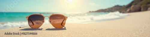 Relaxing beach scene with stylish sunglasses left on the sand, sun shining brightly, ocean waves in the background Perfect for summer vacation, travel, and holiday themes , umbrella, sky