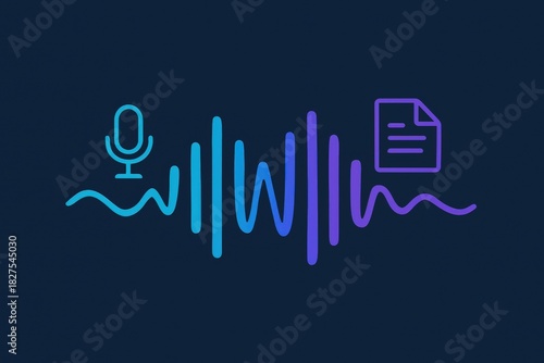 Audio signal illustration depicting sound waveforms alongside a microphone and document icon emphasizing modern transcription technology applications