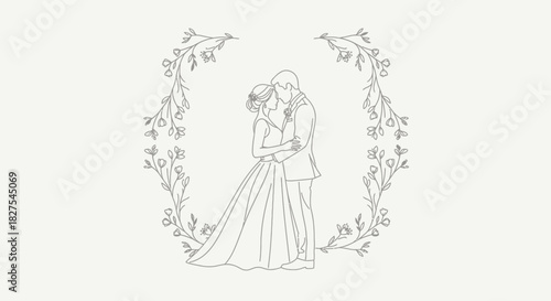 Elegant wedding couple embracing inside floral wreath