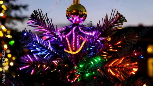 Christmas tree with colorful lights and decorations in the evening.
