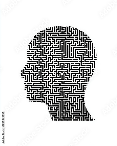 Human Head Silhouette with Maze Representing Mental Complexity. Conceptual 3D illustration of a human profile filled with a maze, symbolizing complex thinking, mental processes, problem-solving