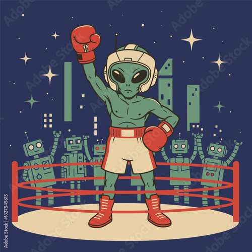 Alien Boxer Raising Fist in Victory with Robot Crowd Vector Illustration