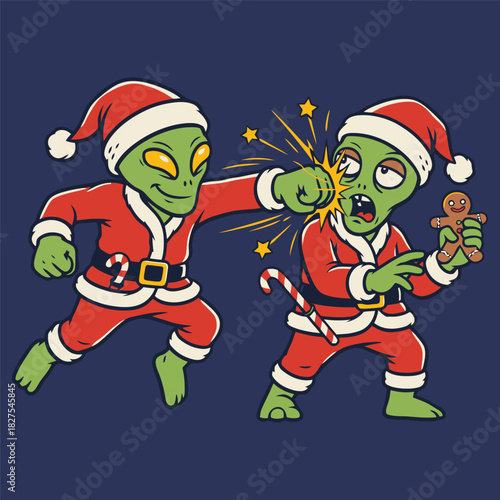 Two Alien Santas Fighting Over Gingerbread Man with Beer and Trash Vector