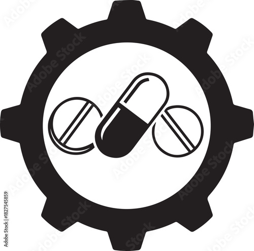 Pharmaceutical Manufacturing Gear Icon - Black Silhouette