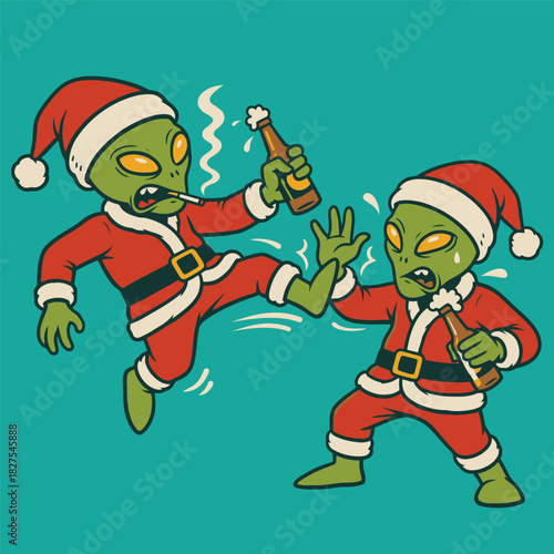Drunk Alien Santas Fighting with Beer Bottles and Comic Sound Effects Vector