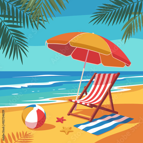 A serene beach scene featuring a colorful umbrella and a sun chair evokes the joys of summer vacations, promising relaxation, warmth, and happiness by the sea.