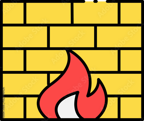 Digital firewall icon with a flame and brick wall symbolizing network security, data protection, and cybersecurity defense