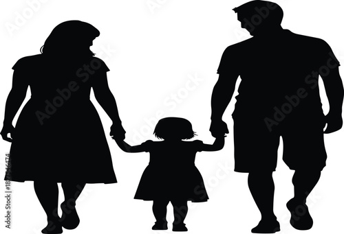 Front-view silhouette of a young family of three walking toward the camera, mother, father, and daughter holding hands, symbolizing parental .