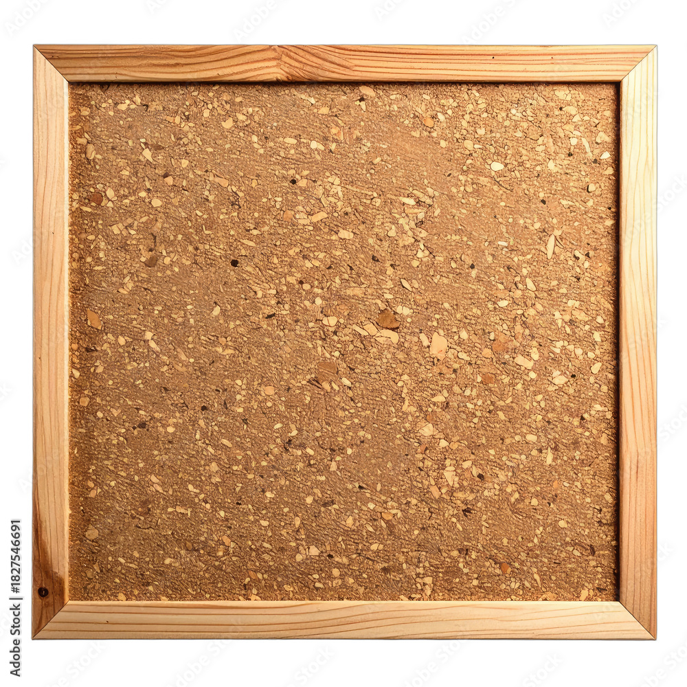 Fototapeta premium Square cork bulletin board with a light wooden frame against a black background.