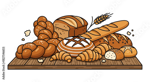 Assorted breads and pastries on a wooden cutting board with wheat