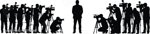 Silhouette of a confident businessman or politician standing alone at a major press conference, surrounded by a large crowd of professional 