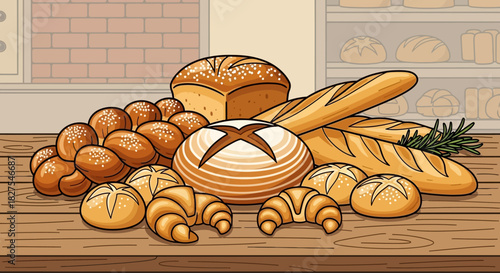 Assorted bread and baked goods on a wooden table in a bakery setting
