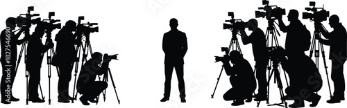 Silhouette of a confident businessman or politician standing alone at a major press conference, surrounded by a large crowd of professional 
