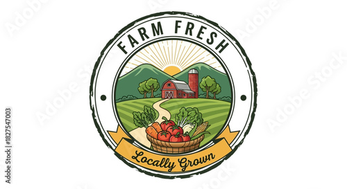 Farm fresh locally grown logo with red barn and vegetables on a plate