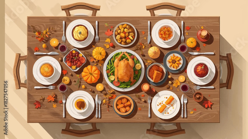 A beautifully set Thanksgiving dinner table with a roasted turkey and various autumn dishes, viewed from above.