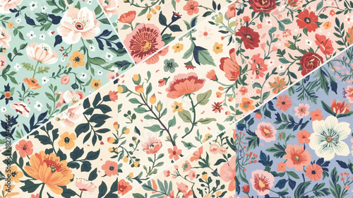 A colorful collection of floral fabrics are arranged to showcase their intricate designs and vibrant color palettes, offering a variety of aesthetic options.
