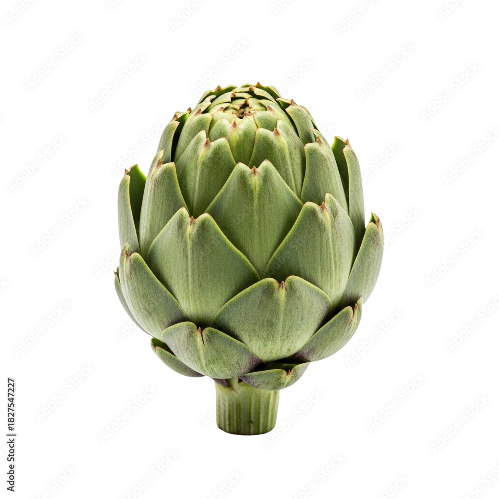Obraz premium Artichoke isolated on transparent background – upright fresh vegetable with tightly packed green bracts and purple tips. Culinary packaging, botanical visuals, and healthy food branding.