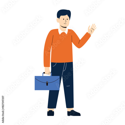 Vector illustration of a businessman in a suit standing and holding bag. Stylish young professional man dressing for work