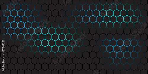 Dark hexagon abstract technology background with red and green colored bright flashes under hexagon. Hexagonal gaming vector tech illustration black abstract background.