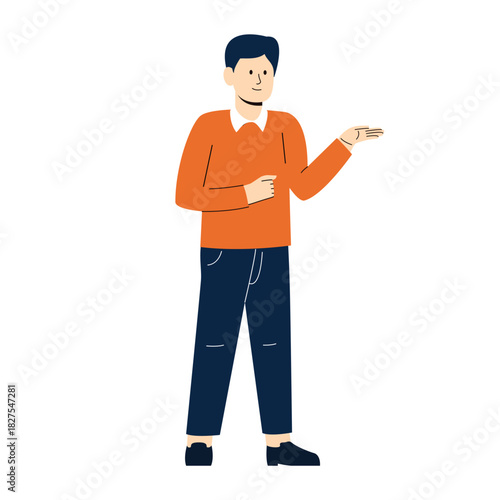 Young Man, businessman  tanding and presenting something with smile expression in illustration vector.