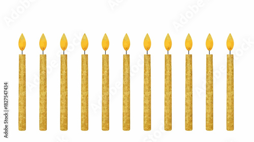 A row of ten golden birthday candles with glowing flames, perfect for celebrating a special occasion or milestone on a white background.
