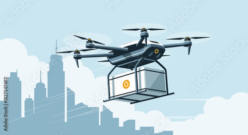 Drone flying over cityscape with package delivery box attached underneath