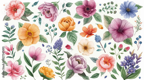 A vibrant assortment of watercolor flowers and foliage, perfect for adding a touch of elegance to any design or project.