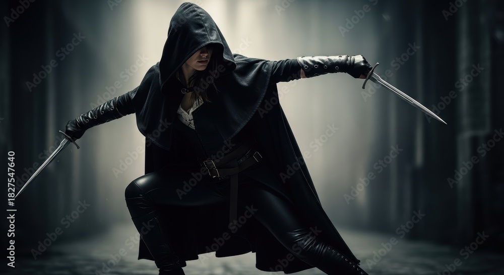 Naklejka premium Cloaked warrior poised for battle, wielding dual blades in dark atmosphere