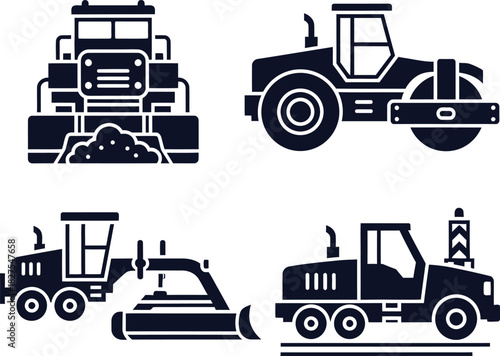 Construction vehicle icons including bulldozer roller grader and dump truck earthmover heavy machinery