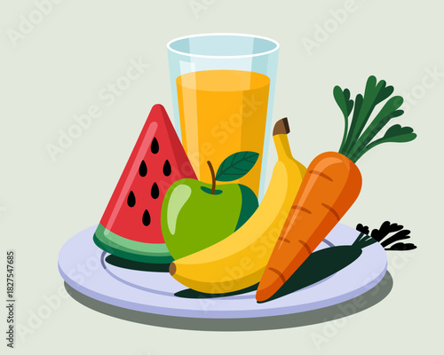 A vibrant display of fresh fruits alongside a glass of juice, celebrating healthy living and nutritional choices, reflecting freshness and vitality.